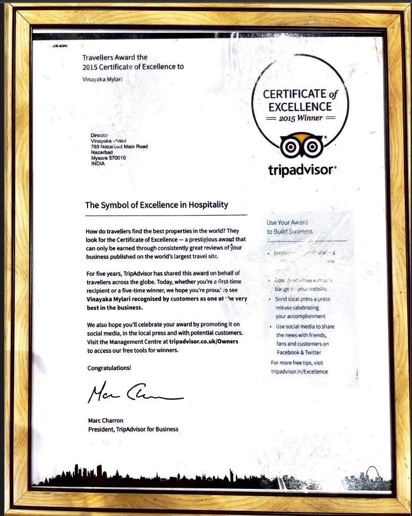 TripAdvisor Award certificate